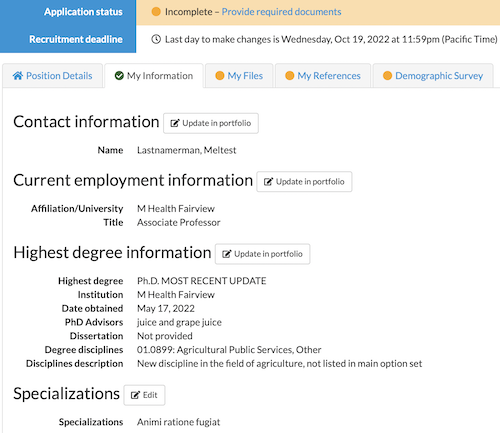 applicant dashboard page