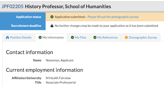 application dashboard displaying application submitted message